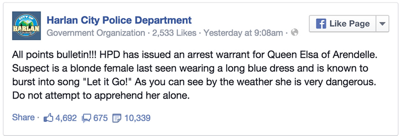 Illustration for article titled Police Department Wants to Arrest Elsa Because of All the Fucking Snow